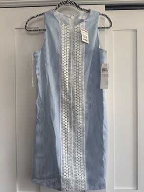 London Times Blue & White Striped Lace-Panel Dress